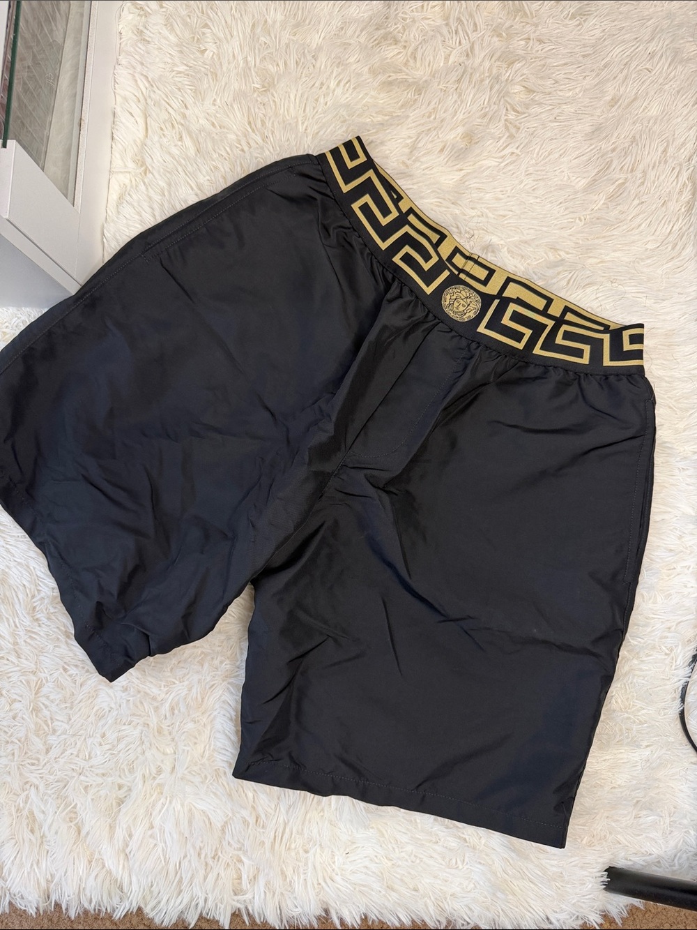 Versace Black Swim Shorts with Gold Greek Key Waistband and Medusa Button